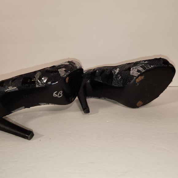 NINA NEW YORK Evan Heel Womens 8M Black Silver Sequins Satin Platform Peep Toe - Picture 10 of 11